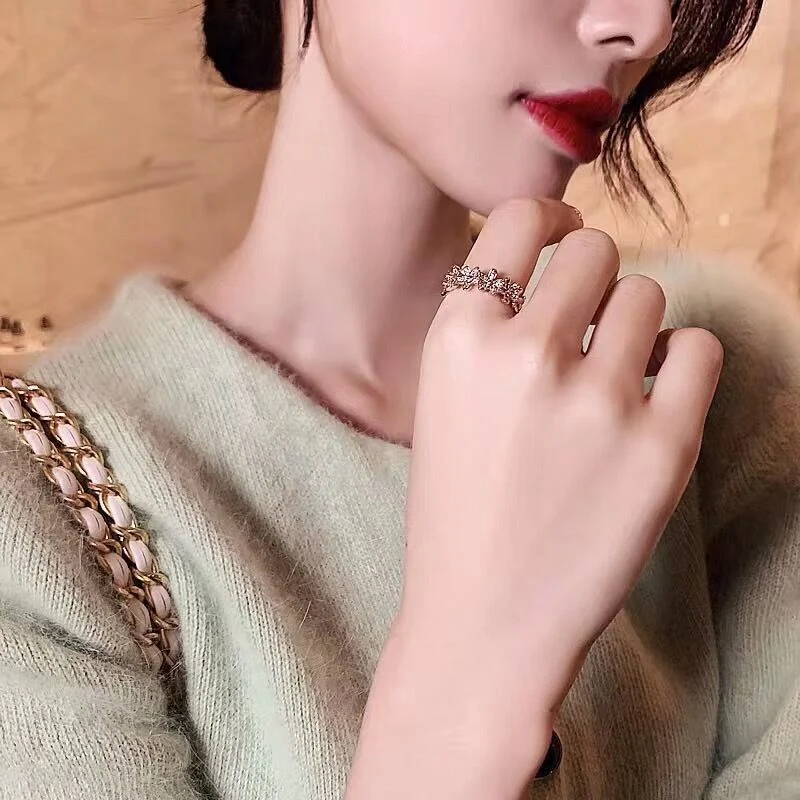 

MENGJIQIAO Korean Elegant Cubic Zircon Flower Women Rings Open Adjustable Rings Fashion Jewelry Students Gifts