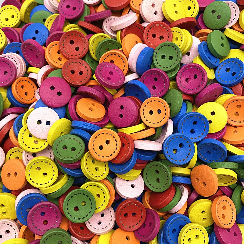 Цветные детские круглые пуговицы 15-25 мм с деревянными пунктирными линиями