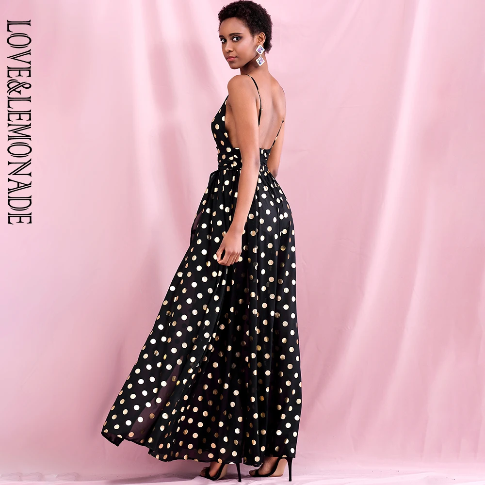 

LOVE & LEMONADE Sexy Black Deep V-Neck High Waist Whit Split Golden Dot Chiffon Summer Maxi Dress LM82369