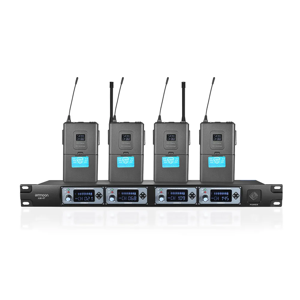 

ammoon 4T Professional 4 Channel UHF Wireless Headset Microphone System 4 Mics 1 Wireless Receiver 6.35mm Audio Cable
