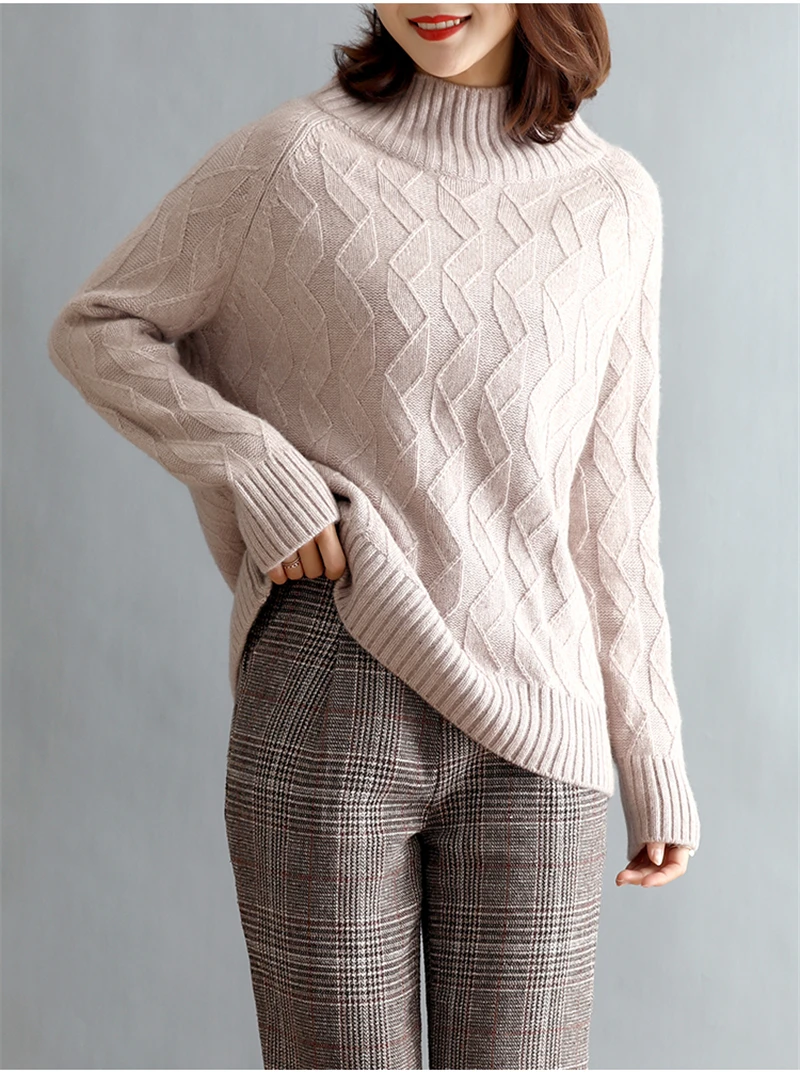 100% fine merino wool irregualr diamond pattern knit women half high collar pullover sweater wide loose M-2XL EU size | Женская одежда
