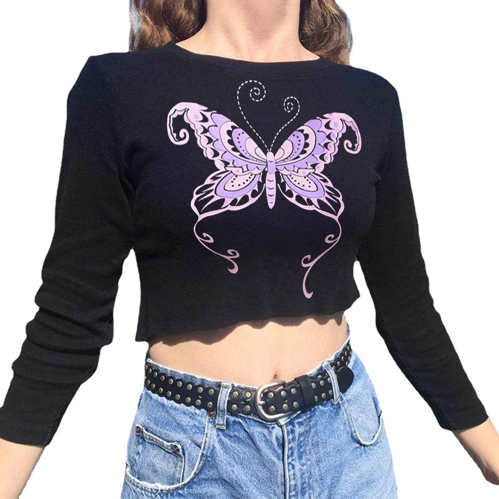 

Women Y2k Tank Vest Butterfly Print Crop Tops Round Neck Long Sleeve T-shirts Short Tees Female Clothing Vetement Femme 2022