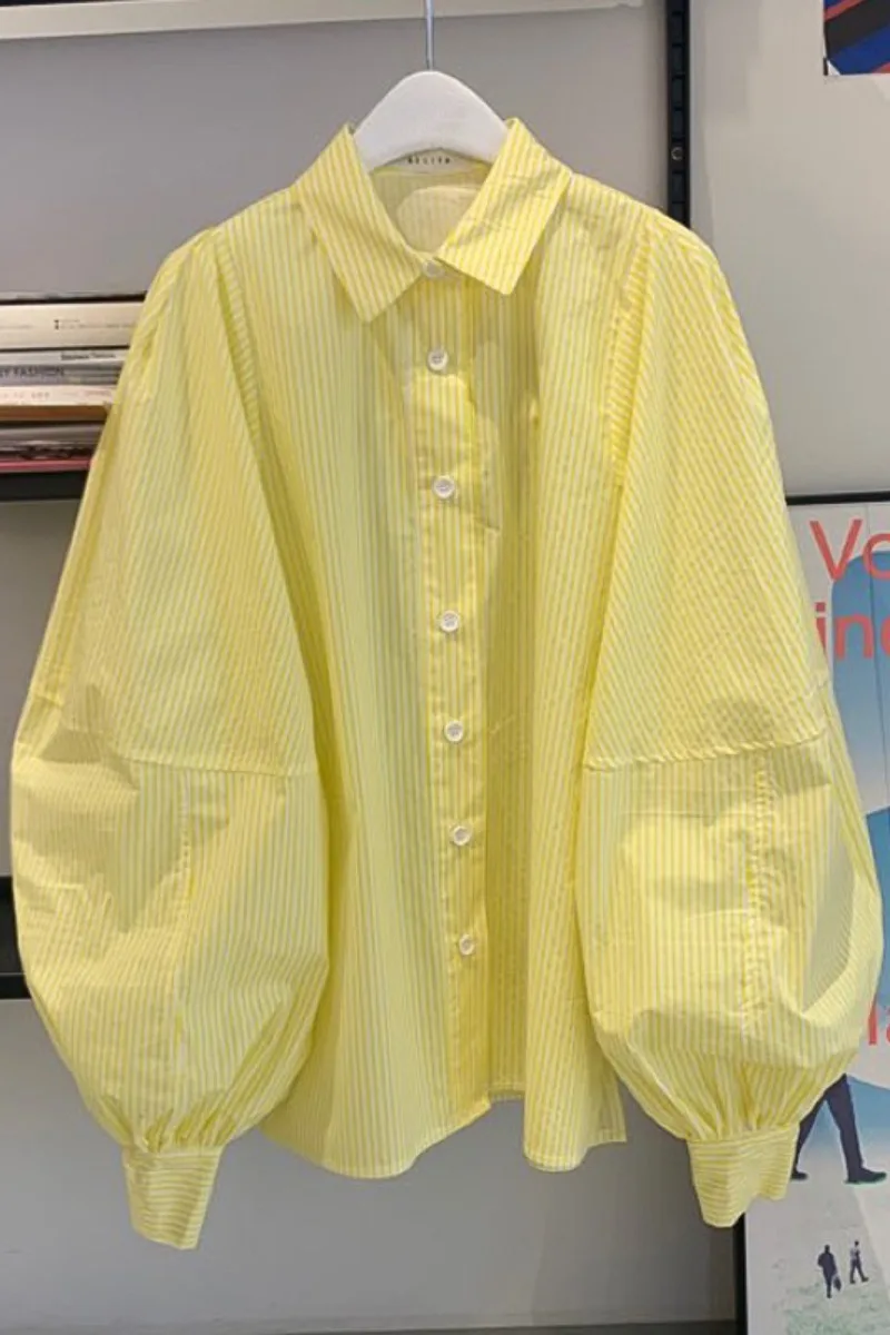 

2021 Spring New Puff Sleeve Striped Plaid Shirt Women's Loose Slimming Versatile Long Sleeve Blouse Female All-match