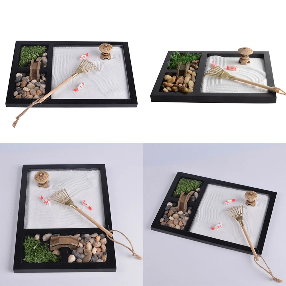 

Simulation Ocean Scene Zen Garden Office Desktop Mini Zen Garden with Rakes Wooden Decorative Sandbox Decor (Black)