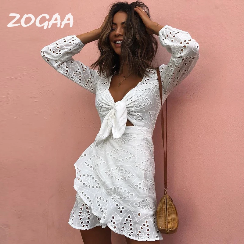 Женское пляжное платье ZOGAA белое ажурное с бантом элегантное кружевное