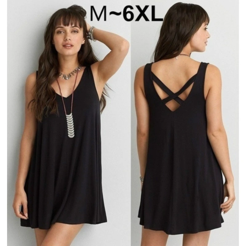 Summer Cotton Dress Women Sleeveless Beach Black Dress Casual Loose Tank Dress Female Sundress Dress Fashion Clothing