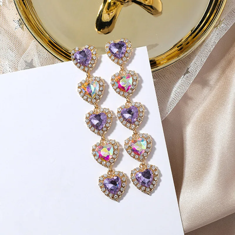 

2019 New Long Luxury Purple Multicolor Love Heart Shiny Rhinestone Drop Dangle Earrings for Women Korean Style Pendientes 5C3032