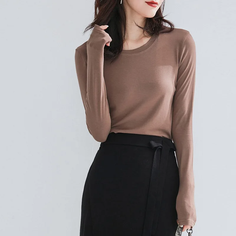 

Spring and Autumn Women's Round Neck Long Sleeve Solid Color Pullover Cotton Multicolor Optional Temperament Bottoming Shirt