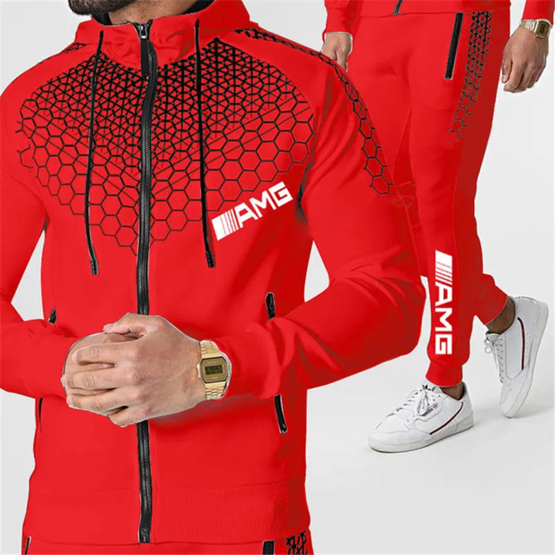 

Brand new 2-piece sportswear AMG printed men's hooded sweatshirt + pants pullover hooded sportswear suit casual sports men's clo
