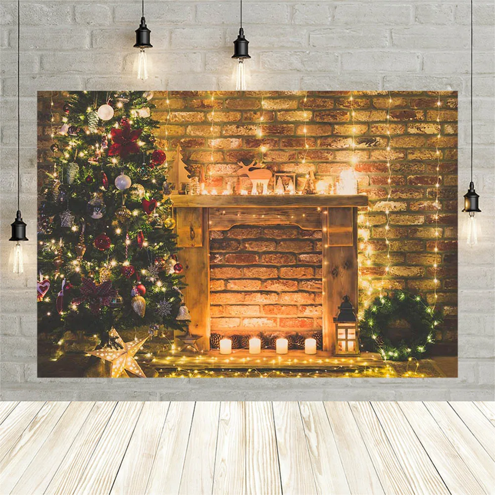 

Avezano Photography Background Christmas Tree Brick Wall Fireplace Glitter Light Children Portrait Backdrop Photo Studio Decor