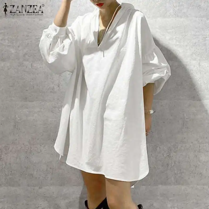 

Womens Fashion Mini Dress ZANZEA Sexy V Neck Vestidos Female Solid Cotton Linen Sundress Party Holiday Long Sleeve Robe Oversize
