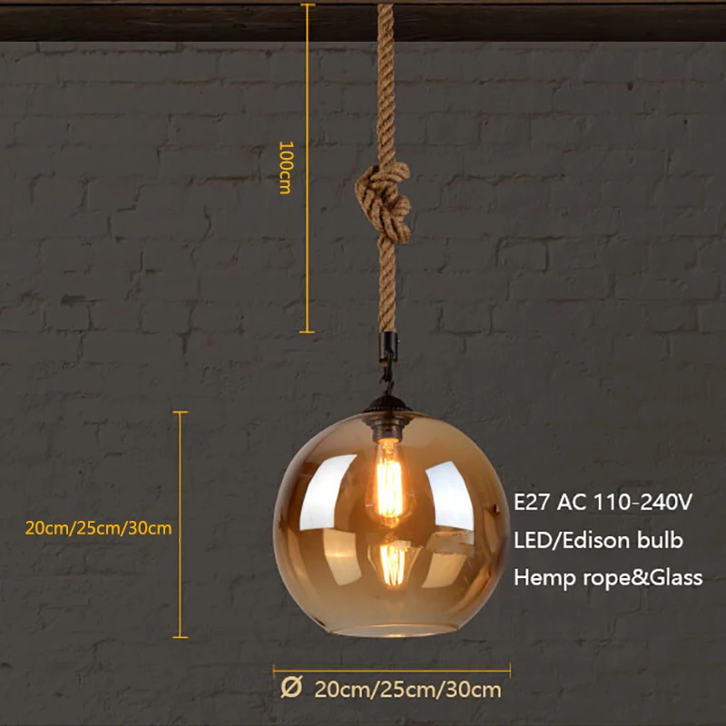 

Rope Chandelier coffee Shop Dining room Kitchen glass balls chandelier E27 Bulb Loft Industrial Decor retro chandelier lamp