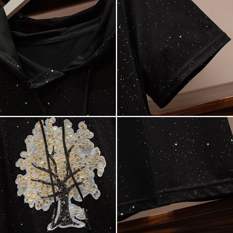 2020 Летняя мода Платье черного цвета размера плюс M-4XL Футболка с пайетками платье