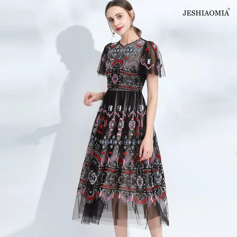 

JESHIAOMIA- 2022 весеннее платье миди с круглым вырезом и коротким рукавом