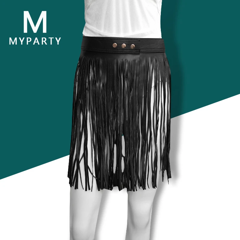 Женская юбка с бахромой Goth короткая кожаная в стиле бохо для ночного клуба