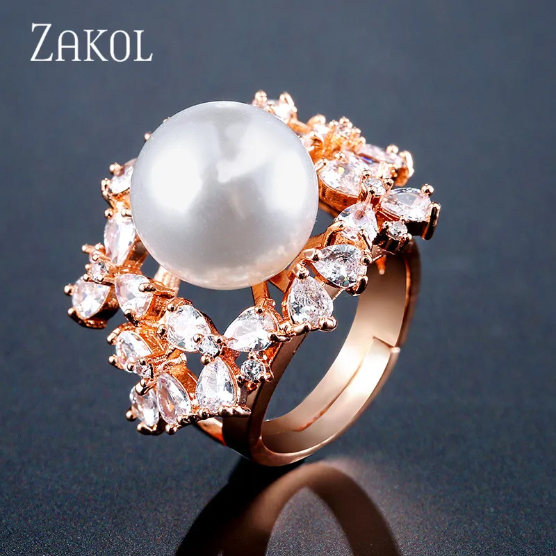 ZAKOL Европейский стиль белые большие жемчужные Открытые Кольца ослепительные