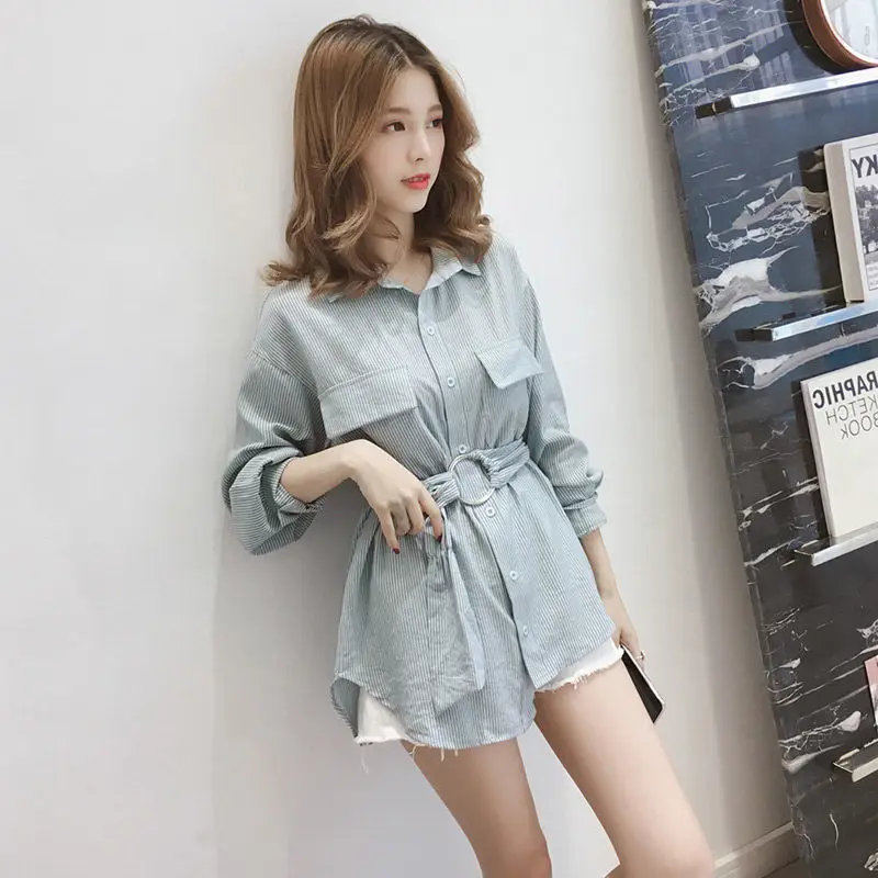 

Women Spring Summer Style Blouses Shirt Lady Casual Long Sleeve Turn-down Collar Solid Striped Women's Casual Loose Tops DF3579