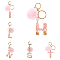 english letter keychain puffer ball glitter gradient resin pink pompom charm 1pc