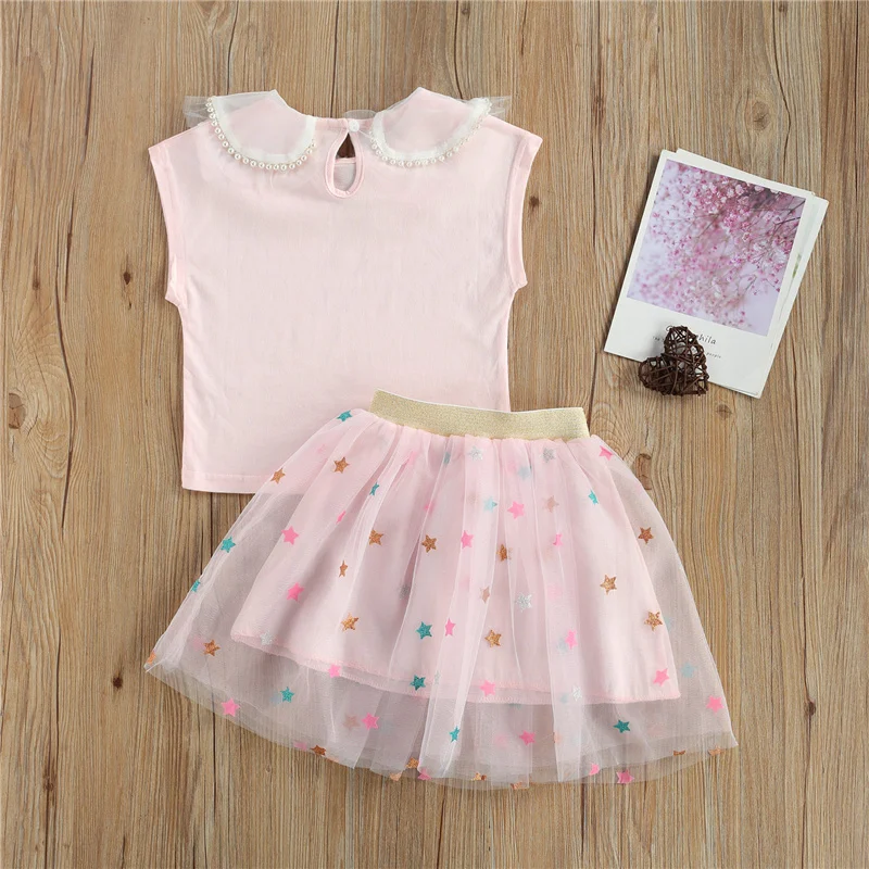 

Toddler Baby Star Printing Two-pieces Set, Infant Girls' Round Collar Sleeveless T-shirt + Elastic Short Princess Skirt Set