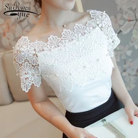 sexy slash neck women blouse shirt fashion 2021 short sleeve white beading patchwork lace womens clothing tops blusas 80f 30