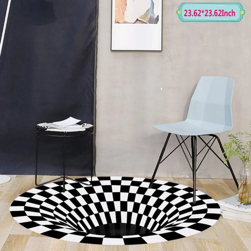 

3D Floor Mat Round Carpet 3D Visual Illusion Shaggy Rug For Lvining Bedroom,Black White Plaid Round Rugs 3D Visual New Area Rug