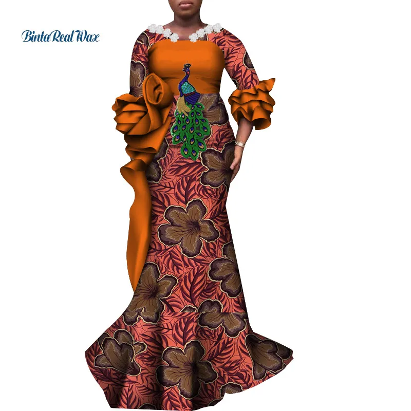 Flare Sleeve African Print Long Dresses for Women Bazin Riche Elegant Wedding Party Dress Vestidos African Women Clothing WY7074