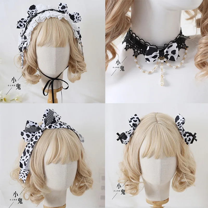

Обруч для волос молочная корова, черный, белый цвет, яркая милая Лолита KC, орнаменты каваи JK, кружевной обруч для волос с бантом, верхняя шляп...