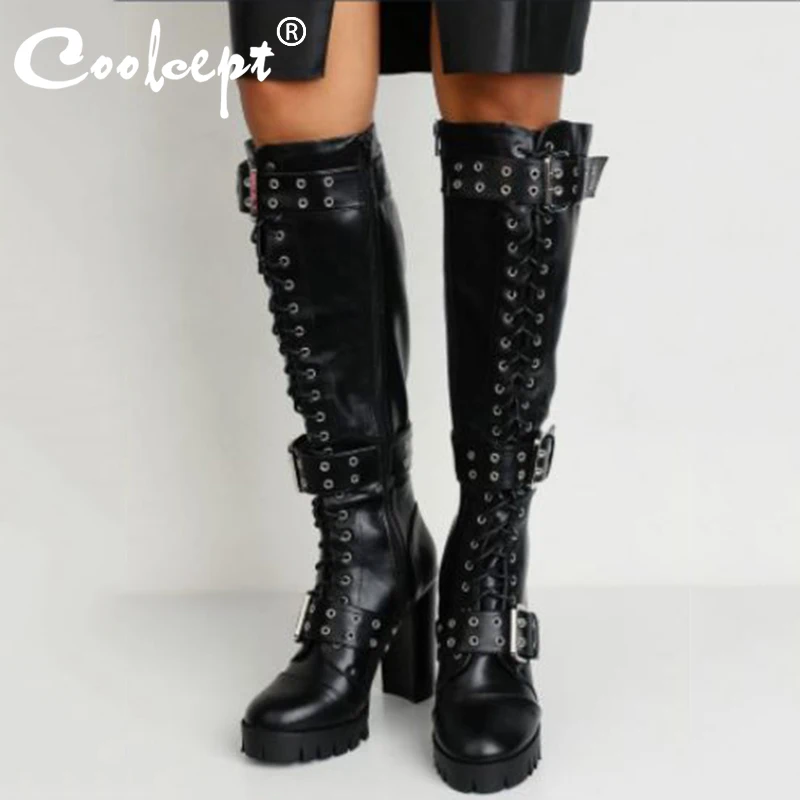 

Высокие женские сапоги CoolCept с заклепками, зимняя женская обувь, дизайнерские Клубные женские длинные сапоги с пряжкой, женская обувь, разме...