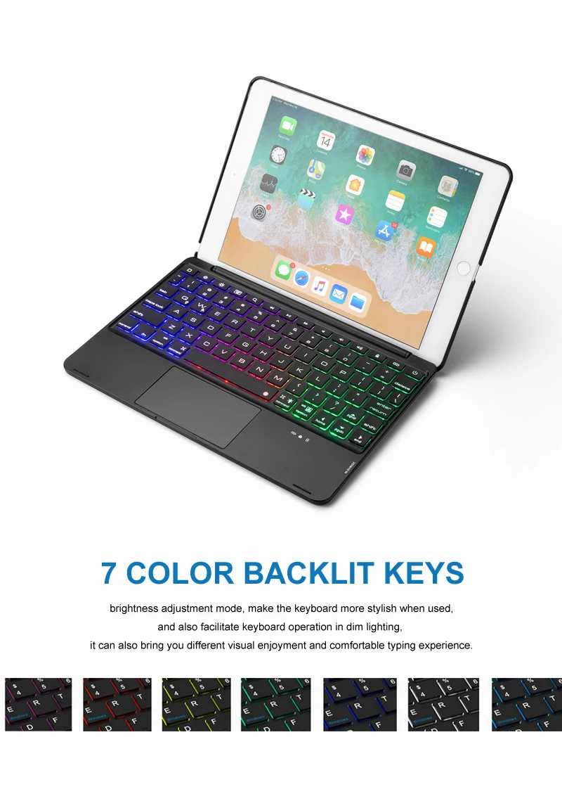 [Новинка] 4,0 чехол с bluetooth клавиатурой и сенсорной панелью мыши для нового iPad 9,", алюминиевый корпус+ 7 цветов подсветки+ умный режим сна/пробуждения
