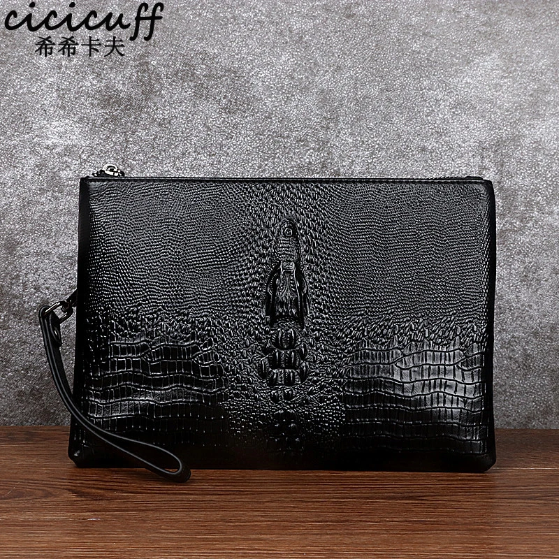 

Men Wrist Band Wallets Business Alligator Pattern Genuine Cow Leather Clutch Bag Simple Envelope Large Capacity Long Male Purse