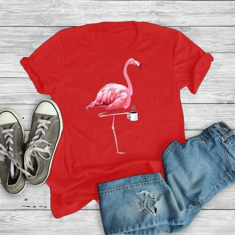 

Plus Size Flamingo Coffee Print T Shirt Women Short Sleeve O Neck Loose Tshirt 2021 Summer Women Tee Shirt Tops Camisetas Mujer