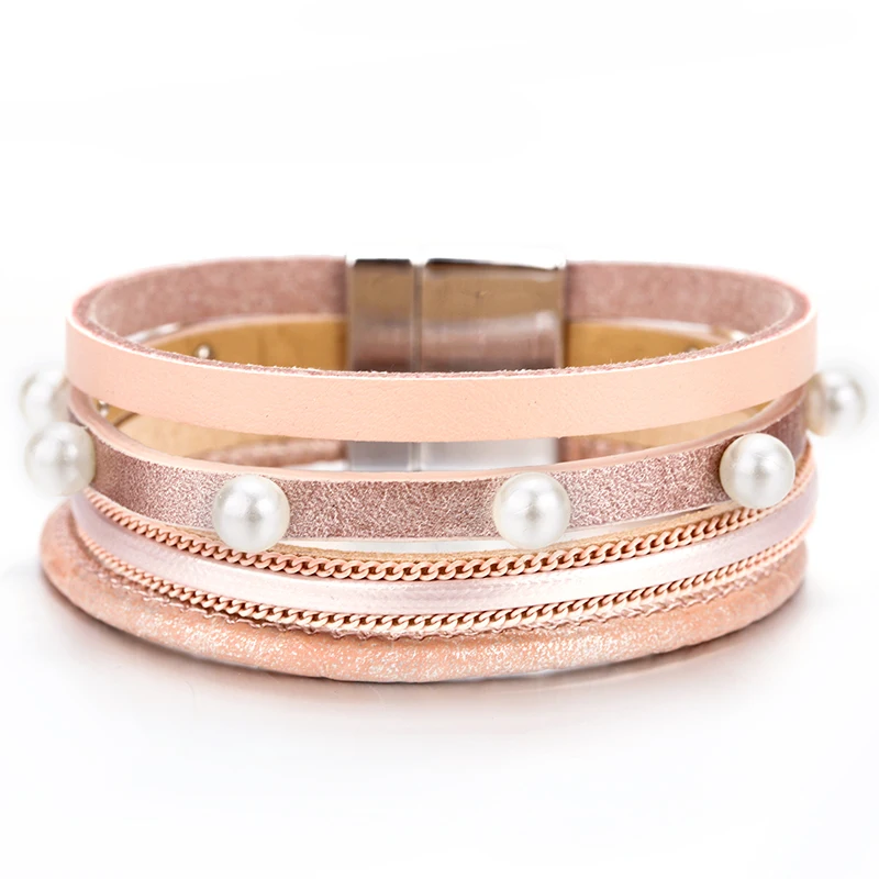 Amorcome мульти Слои жемчуг Очаровательные кожаные браслеты из нержавеющей стали