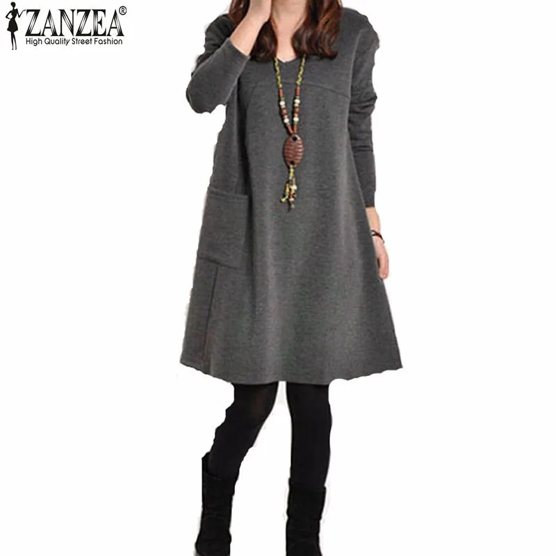ZANZEA женское платье, осенние платья, женские платья с длинным рукавом, хлопковое винтажное платье, толстовка, платье, кафтан размера плюс, туника