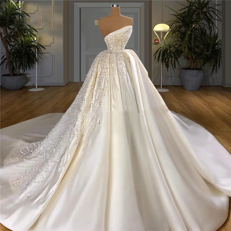 

Elegant White Satin A Line Wedding Dress Sexy Strapless Sequins Beaded Bridal Gowns Sweep Train Vestido De Novia Custom Made