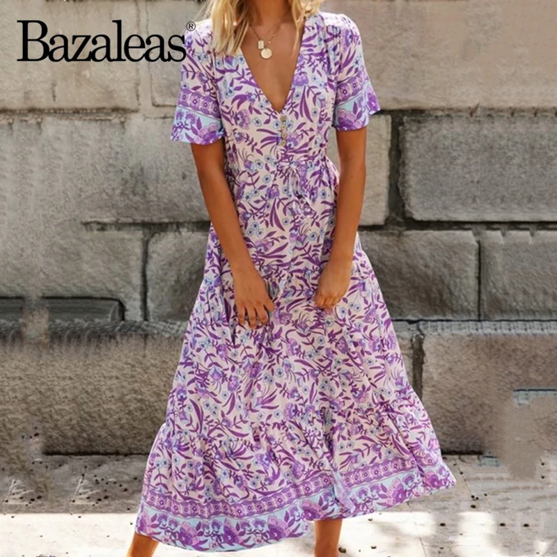 Bazaleas 2020 праздничное женское длинное платье с v образным вырезом и пуговицами