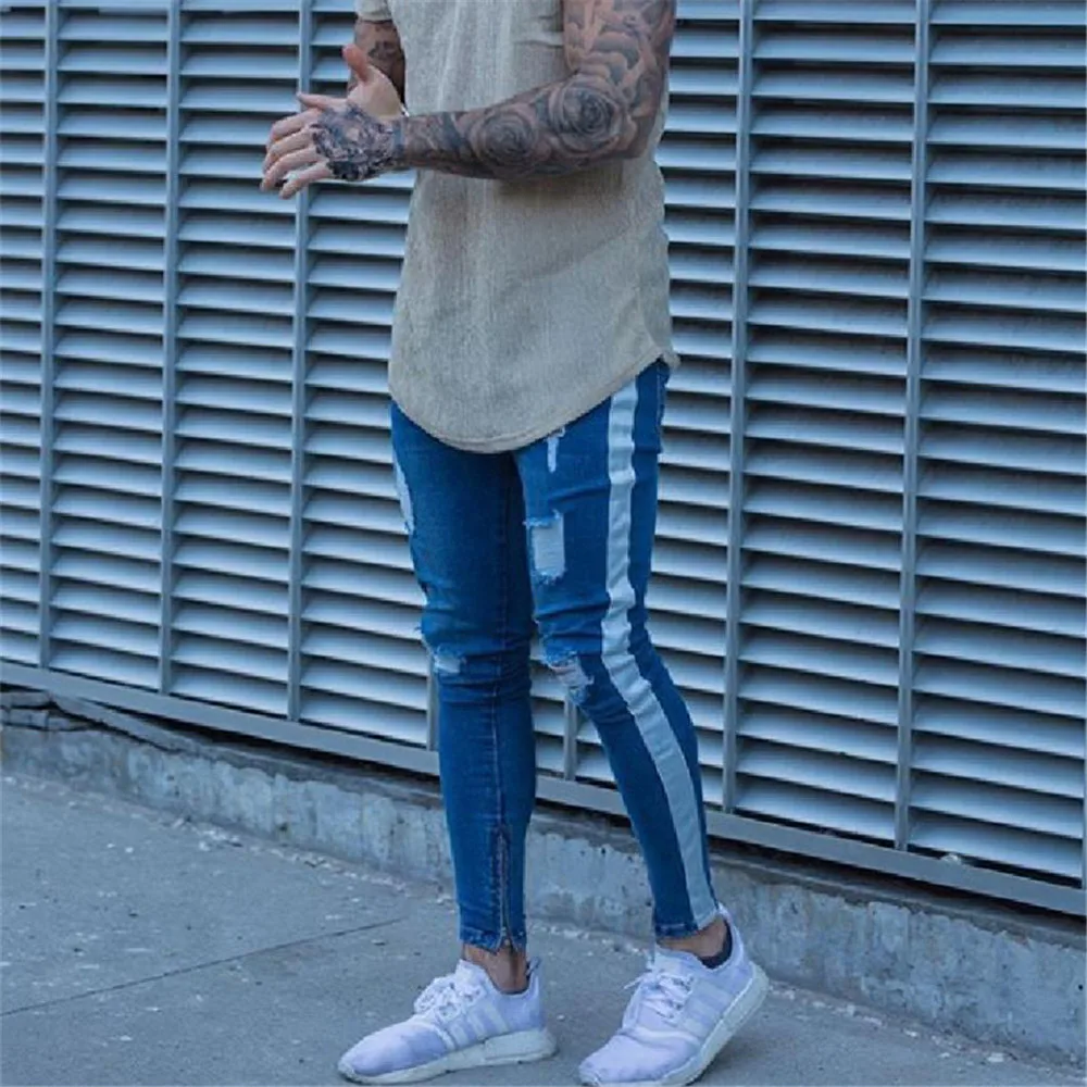

Ankle Zipper Skinny Jeans Men Hip Hop Stripe Elastic Slim Fit Denim Pants Male Pencil Bottoms Street knee Broken Holes Jeans 3XL