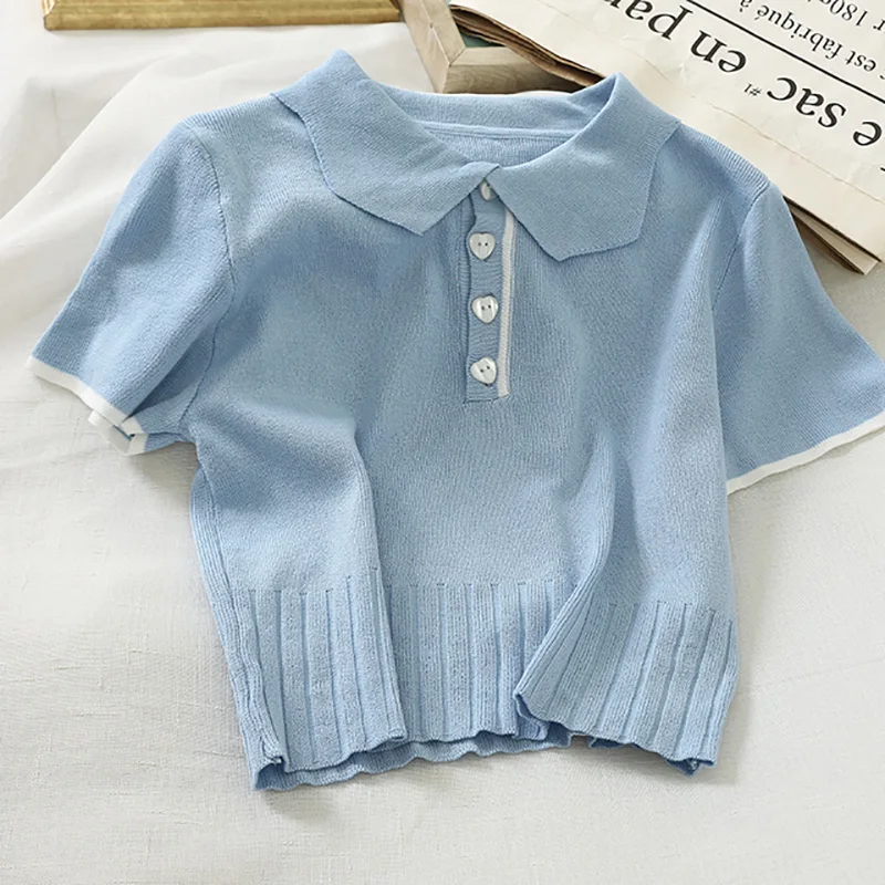 

Summer 2021 Women's Polo Shirts Slim Cute Crop Tops Female Button Up T-Shirt Knitted Blouses Student Femme Short Sleeve Polo