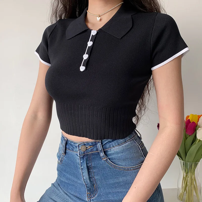 

Korean Fashion Vintage Polo Shirts Slim Cute Crop Tops Female Button Up T-shirt Knitted Short Sleeve Patchwork Clothes for Women