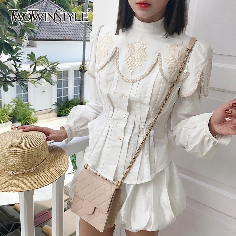 TWOTWINSTYLE повседневные женские рубашки с вышивкой стоячий воротник фонарь длинный