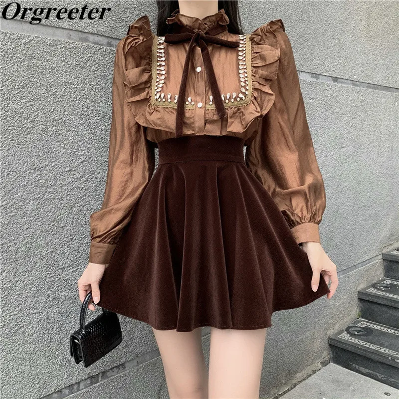 

Осенний Новый ретро комплект из двух предметов, Женская юбка-трапеция с рукавами-фонариками, оборками и бантом, бархатная юбка с высокой тал...