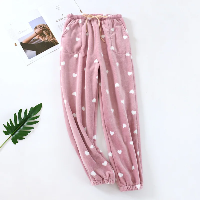 

Winter Pants Women Flannel Home Clothes Pink Star Printed Trousers Wide Leg Sweet Pajama Pants Large Size Thicken Warm Sleepwear