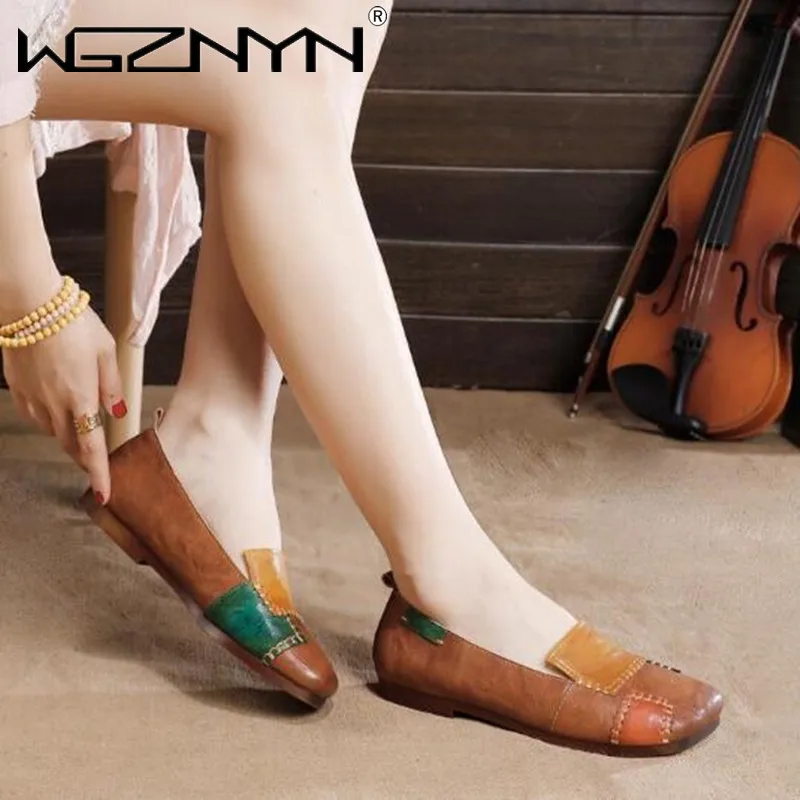 

New Retro Mixed Colors Flats Women Shoes 2021 Spring Autumn Square Toe Caual National Style Genuine PU Leather Ladies Shoes