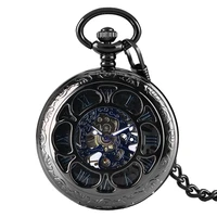 chain watch top luxury black hollow case blue skeleton roman number dial design steampunk mechanical pocket watch gifts