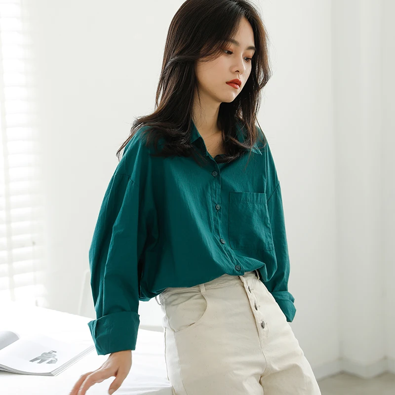 BGTEEVER Осень-зима женские свободные рубашки отложной воротник полный рукав карман