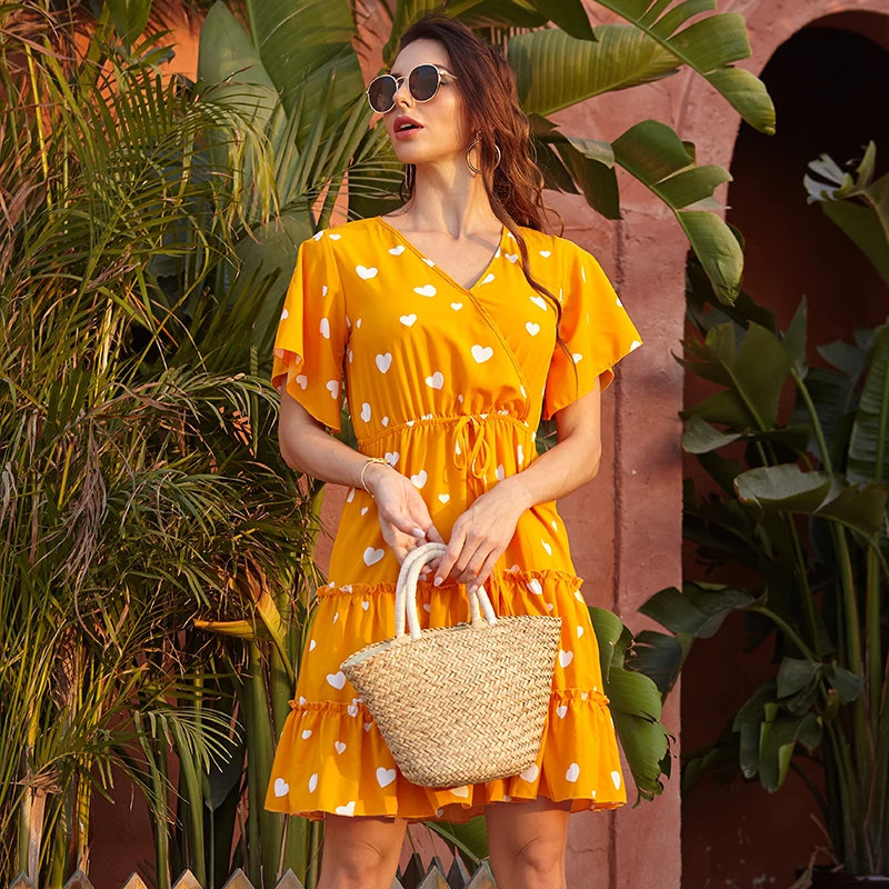 

Boho Dress Floral Vestido De Manga Curta Green Pink Kawaii Cute Chiffon V-neck French Vestidos Fiesta Fairy Robes Dresses Ladies