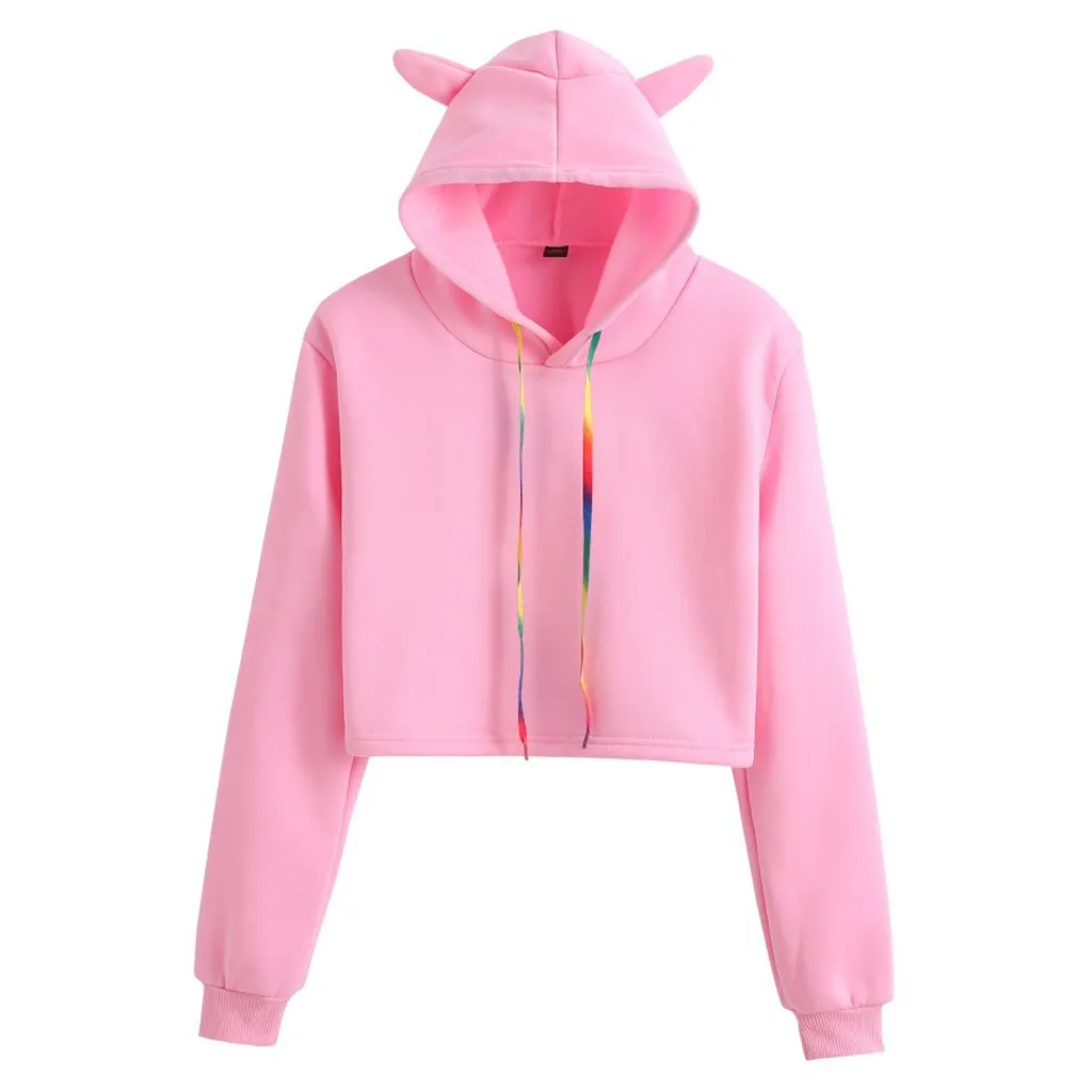 

Womens Long Sleeve Rainbow Pullover Cute Cat Ears Hooded Solid Sweatshirt Female Blouse Tops Jumper Pullover Jacket Tops