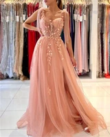 fairy pink tulle evening dresses formal a line flora appliques backless spaghetti strap party occasion gowns prom dress