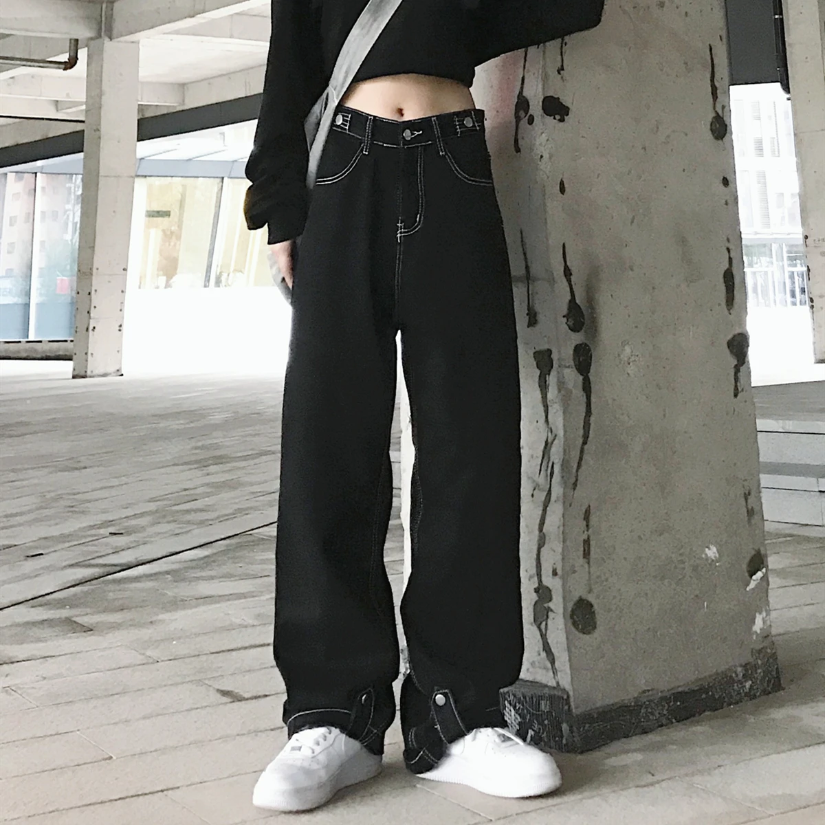 

Denim Pants Women plus size High Waist Washed Jeans Pocket Bleached Summer Casual Trousers 2021 Baggy Work Jean Women Vintage