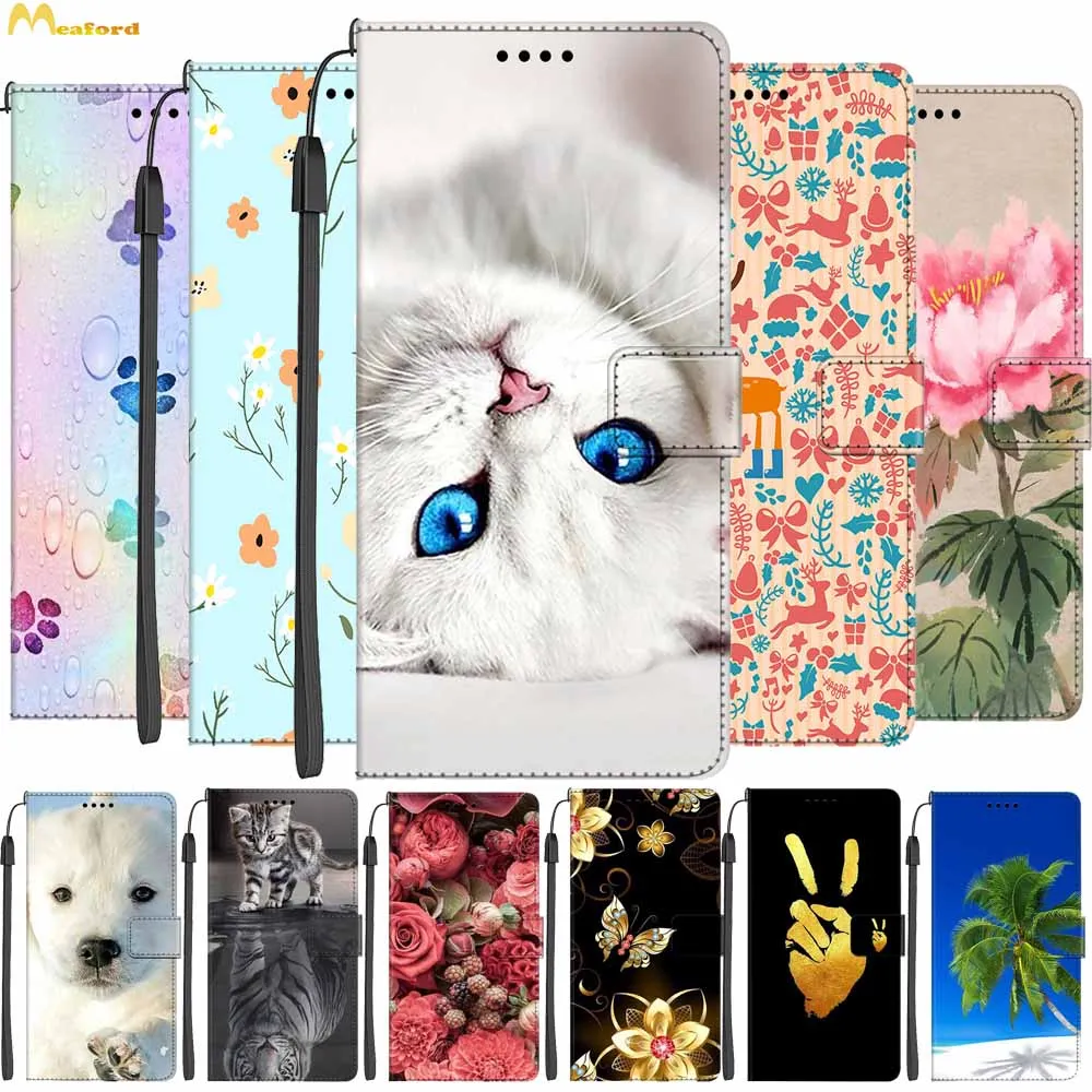 

Leather Cases For Honor 30 Pro Luxury Wallet Cats Phone Bags For Huawei Honor 10X Lite 8C Flip Book Covers Honor30 Cute Wolf Dog