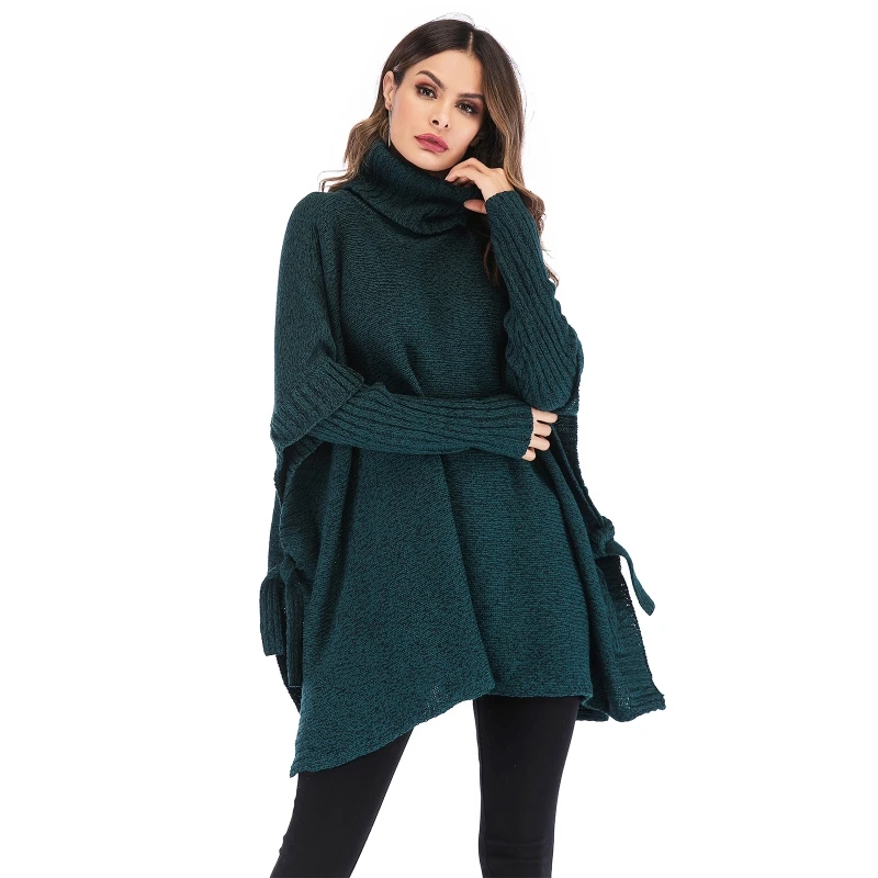 

Women Spring Autumn Long Bat Sleeves Turtleneck Knitted Sweater Loose Solid Color Pullover Irregular Split Hem Tops Mid-length C